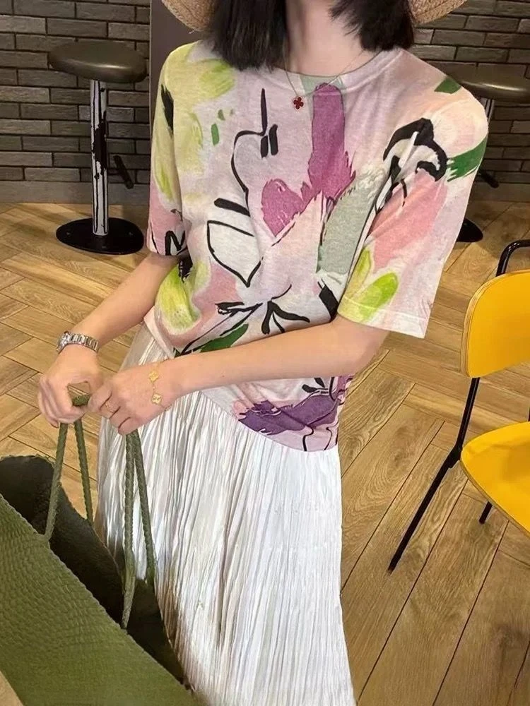 【衣长60】多巴胺粉色涂鸦印花圆领短袖T恤欧货高级感软糯气质上衣