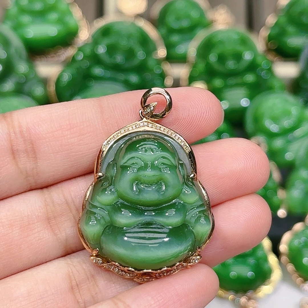 和田玉（碧玉）颈饰18K金镶嵌一线天粉青冰猫眼佛公