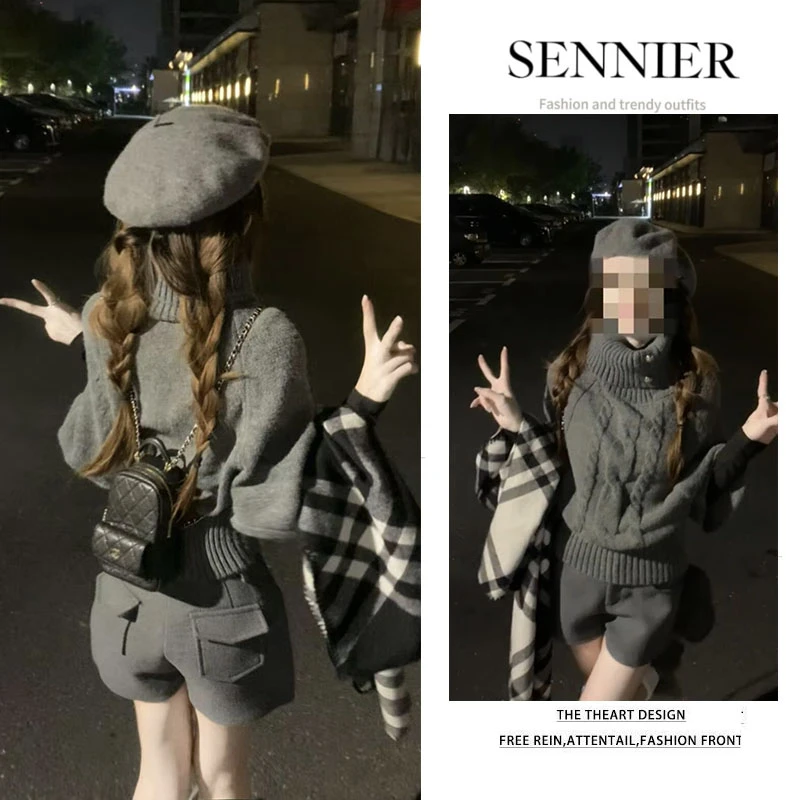 秋季穿搭女2025爆款麻花高领蝙蝠袖毛衣百搭打底衫高腰短裤三件套