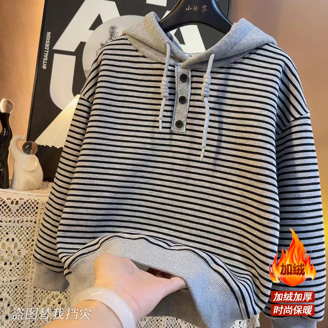 【加绒】专柜高定款秋冬新款儿童韩版条纹连帽时尚上衣9625