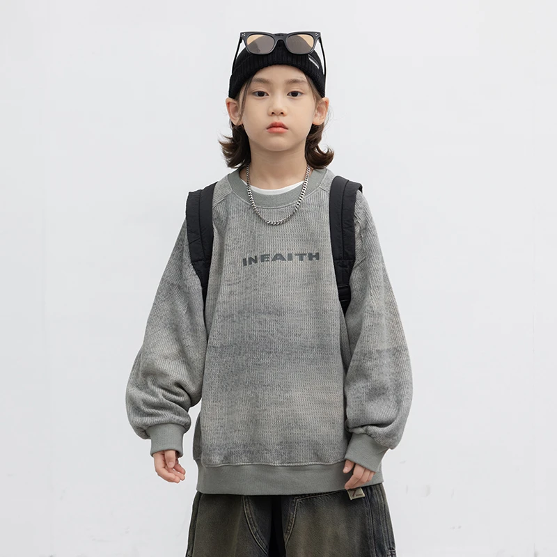 男童脏脏灰字母针织卫衣春秋2025新款儿童柔软亲肤套头上衣中大童