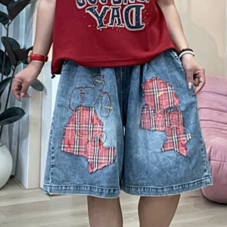 532欧货爆款工艺贴布刺绣大力水手图案牛仔六分中裤女