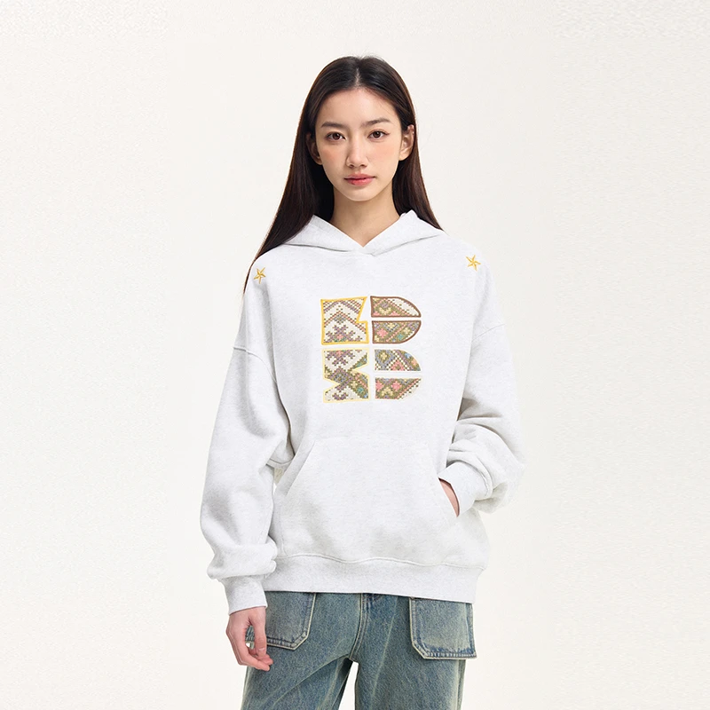 BONELESS春季2025新款提花贴布绣B字卫衣外套男女宽松连帽衫上衣
