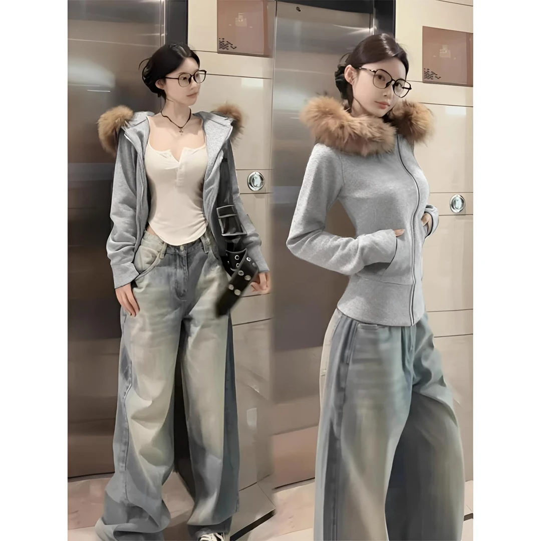 灰色毛领卫衣外套女秋季2025新款韩系上衣小个子短款连帽收腰开衫