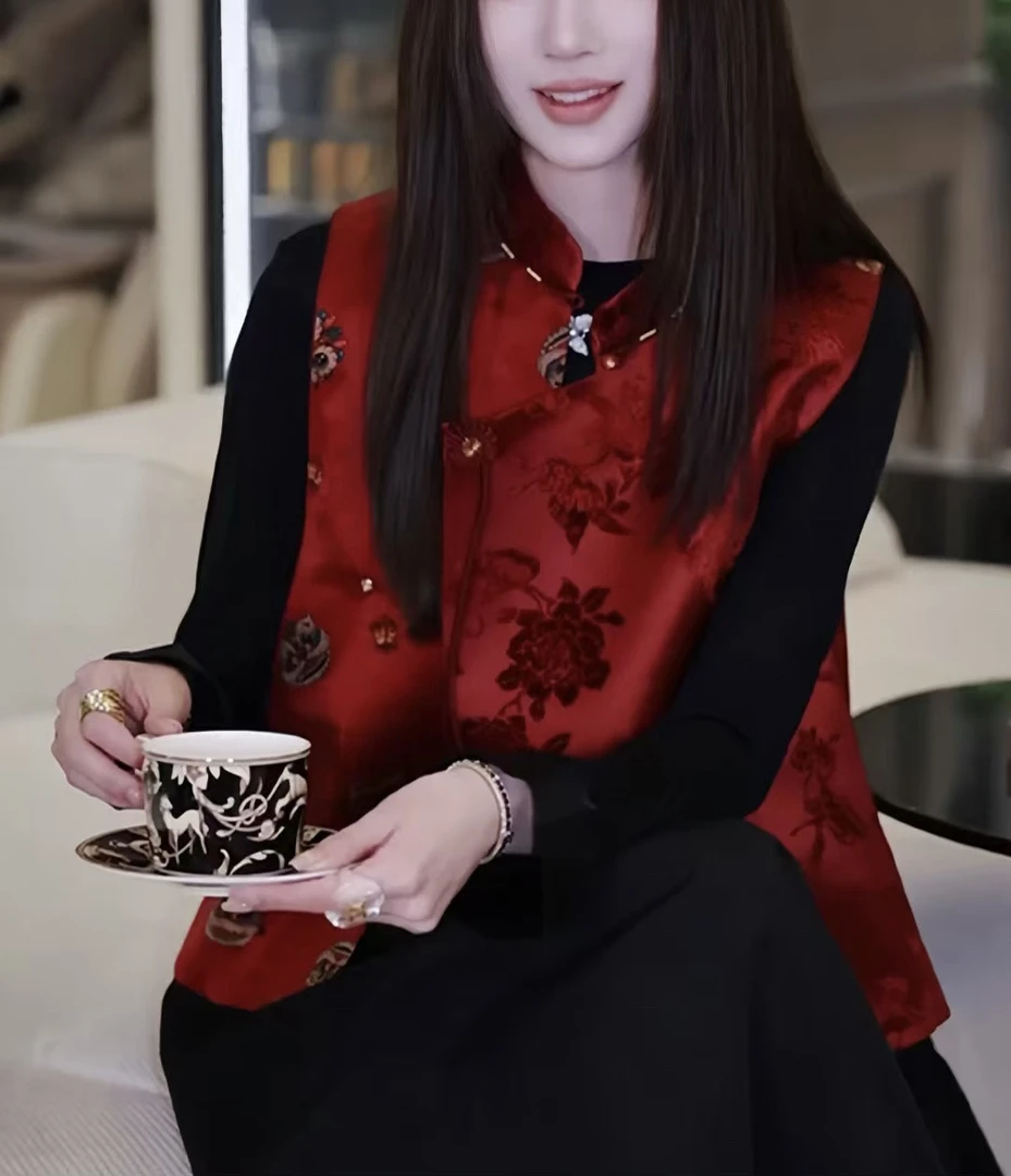 玛薇丝【迎春报喜】章绒花拼醒狮印花新中式马夹