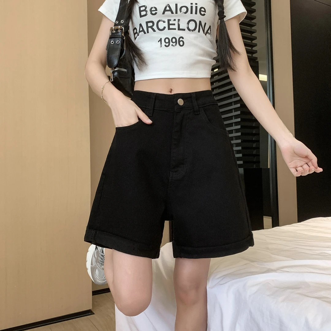 大码牛仔短裤女2025新款黑色高腰高弹力宽松显瘦透气A字版百搭款
