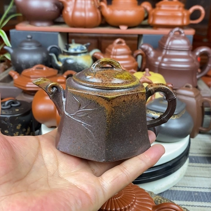 茶壶紫砂六方竹节200cc原矿老紫泥柴烧特价