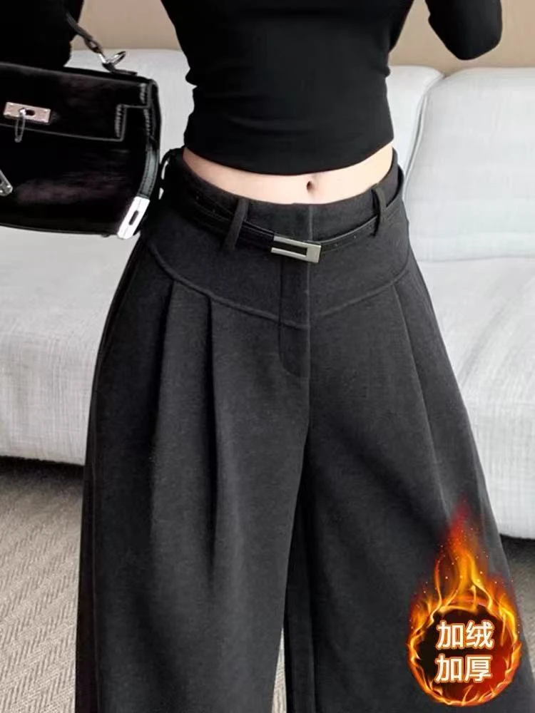 8228毛呢阔腿裤女冬季加绒加厚高腰垂感显瘦窄版直筒西裤休闲长裤