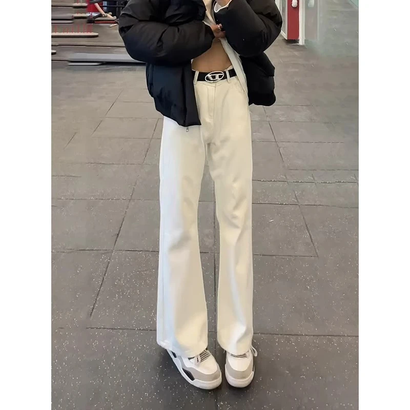 白色窄版直筒加绒牛仔裤男2025新款cleanfit裤子修身显瘦微喇长裤