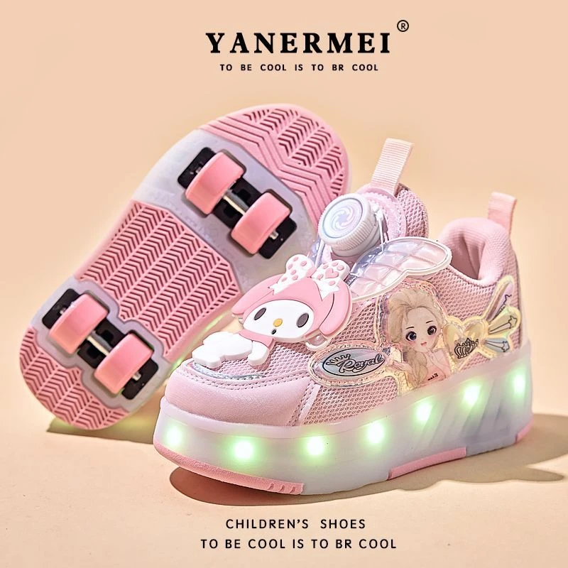 美乐蒂女童四轮暴走鞋儿童可走路轮滑鞋女孩充电发光鞋轮子爆走鞋