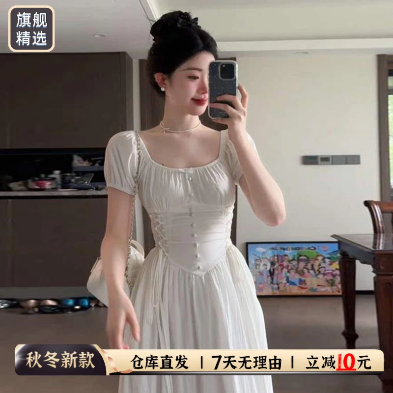 小个子白色方领连衣裙夏季新款纯欲慵懒风女装甜美风显瘦收腰长裙
