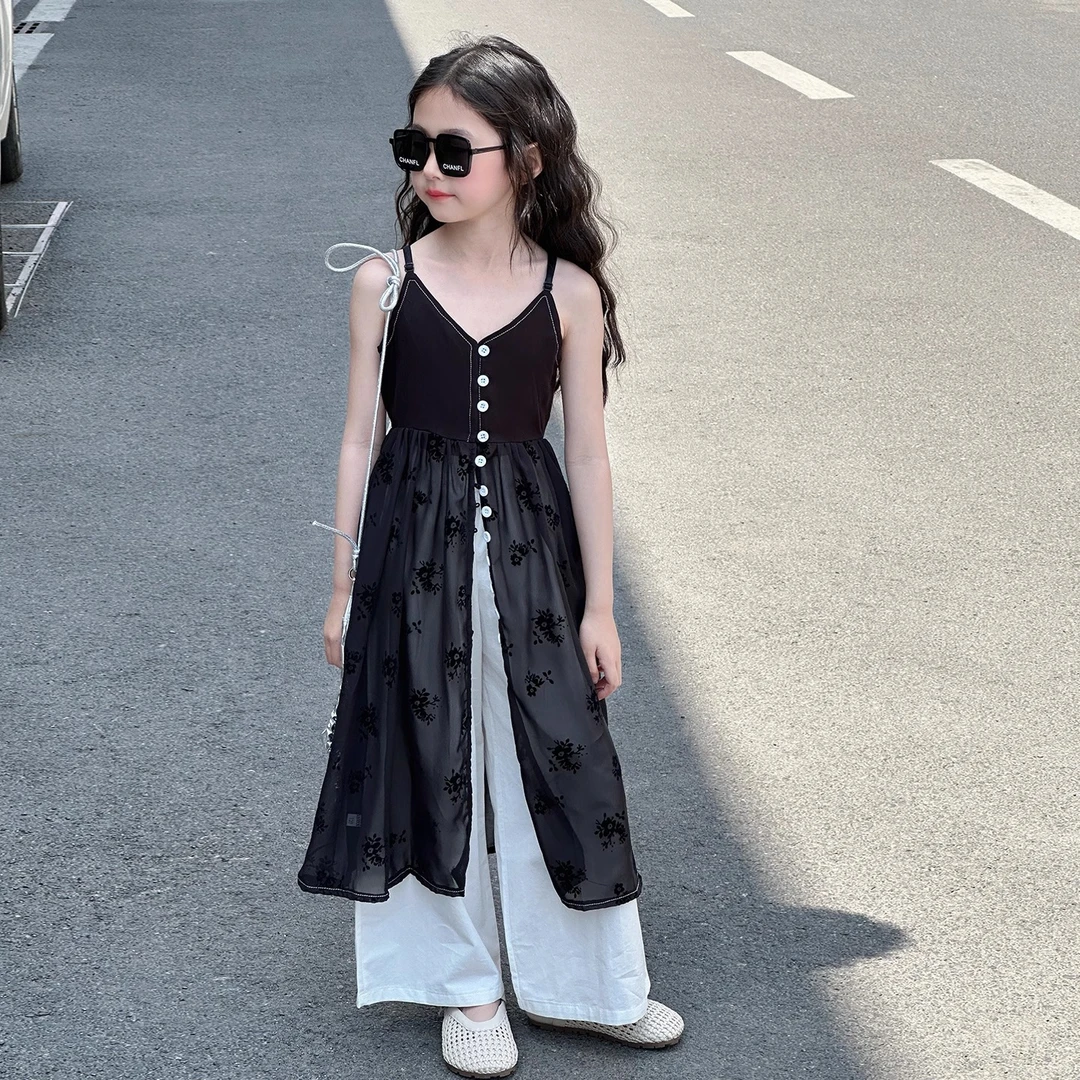女童夏季套装2025新款中大童潮酷吊带连衣裙阔腿裤女孩儿童两件套
