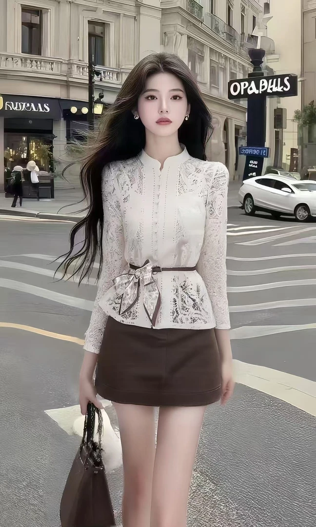 轻奢时尚休闲日常穿搭米白色立领长袖上衣+咖色百搭半身裙两件套