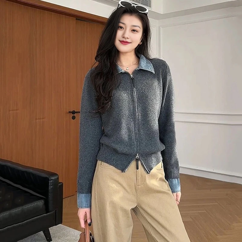 胖mm大码女装牛仔拼接翻领针织开衫女秋冬季设计感双拉链上衣外套