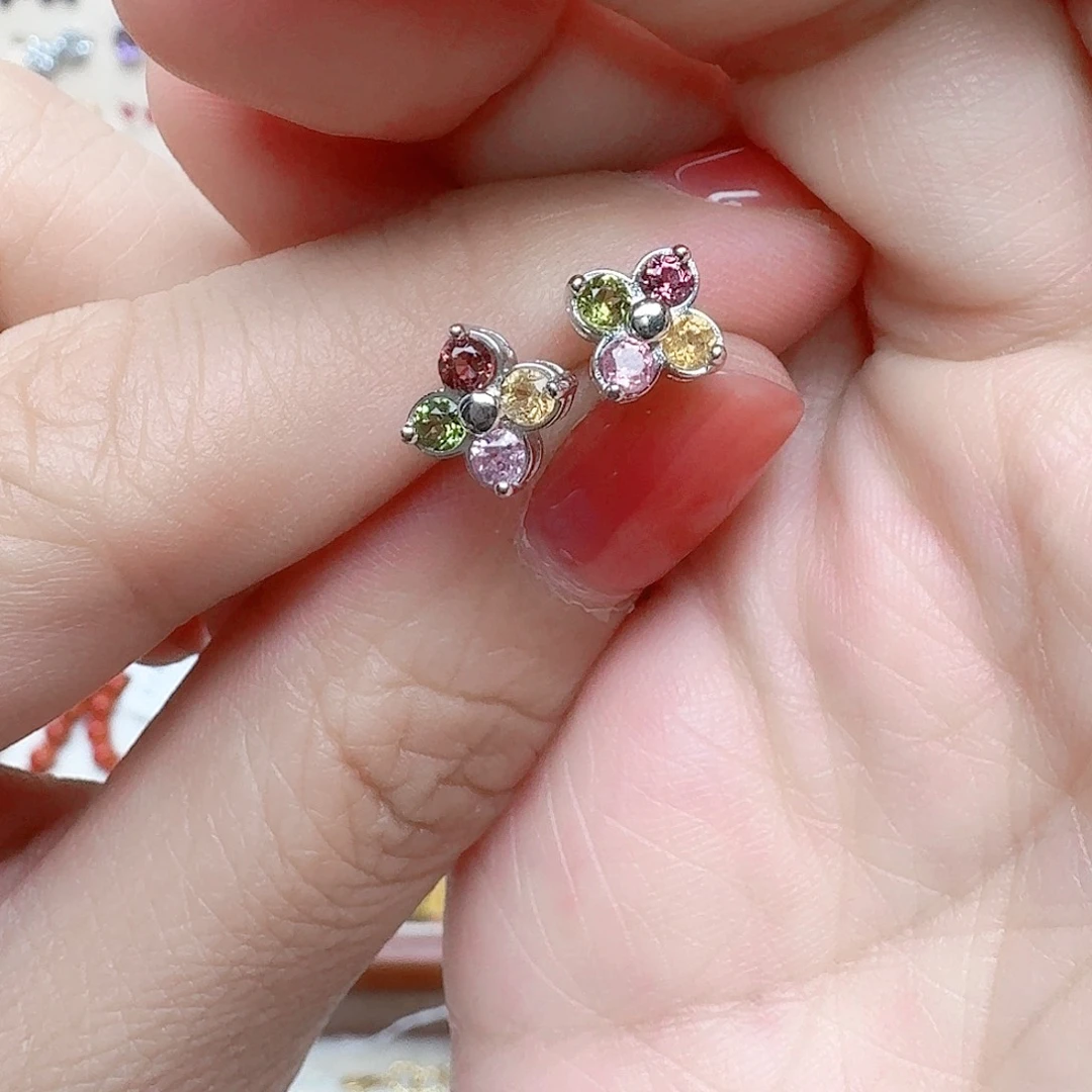 碧玺耳饰银S925镶嵌耳钉