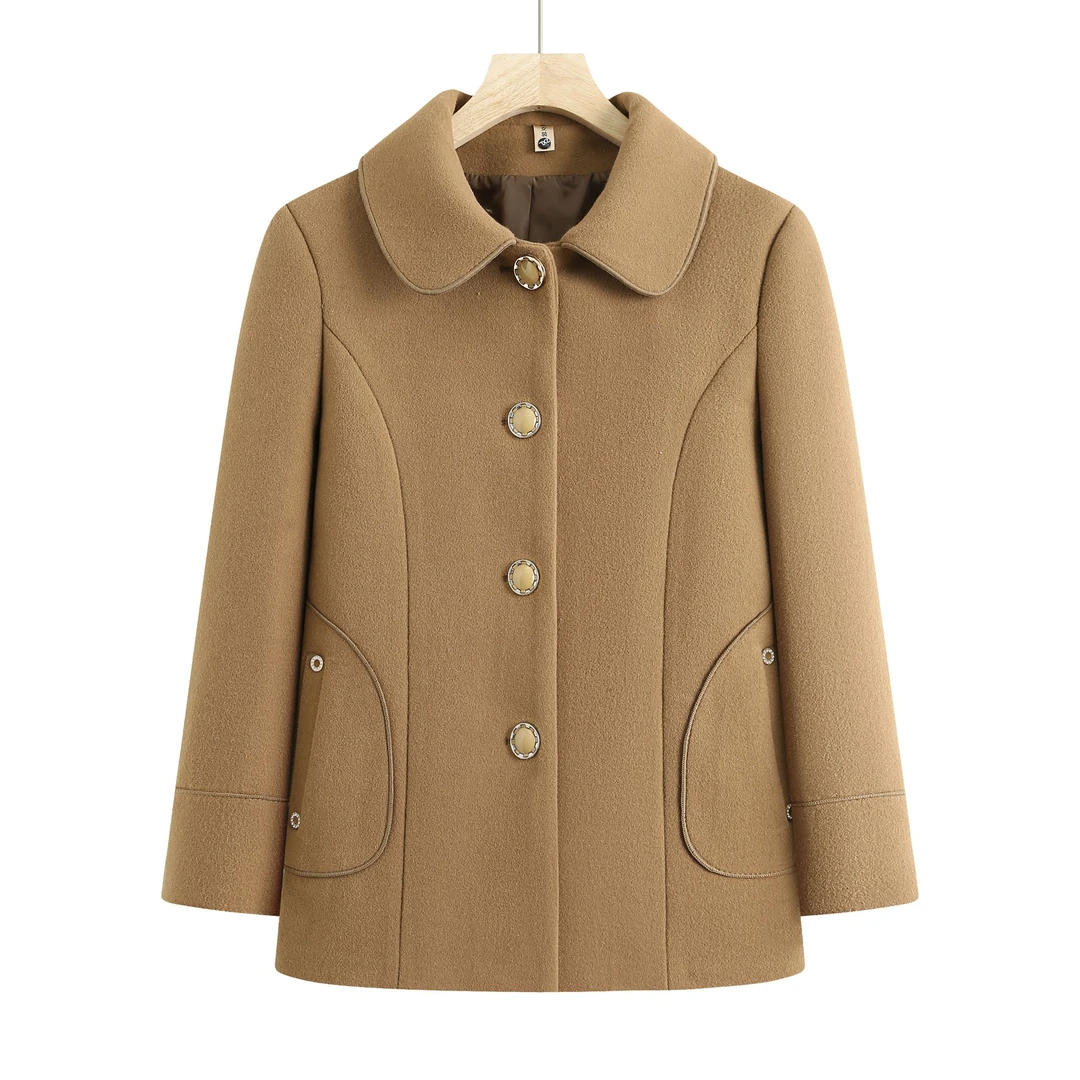 8104中老年人女翻领外套毛呢大衣奶奶装休闲宽松妈妈装上衣康燕