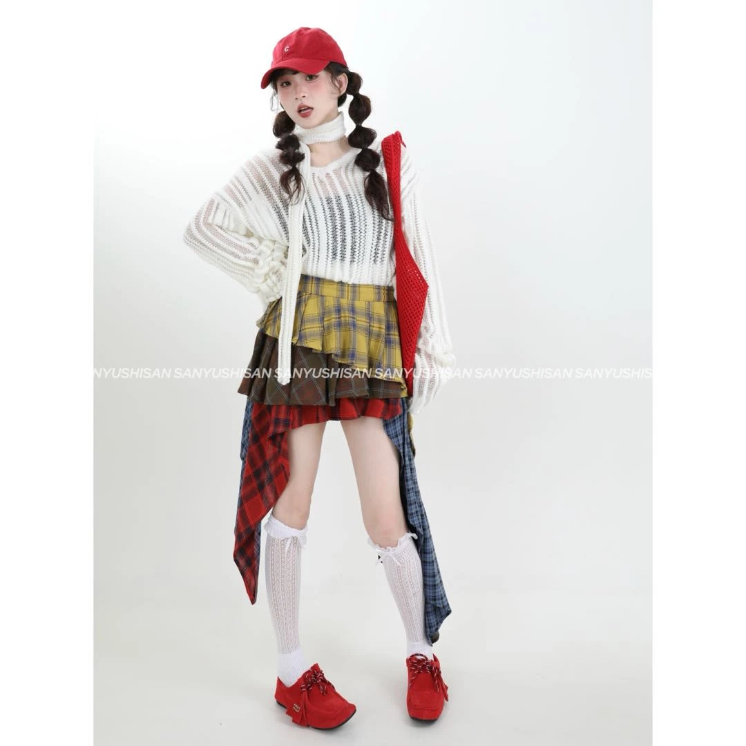 三与十三|怀旧片尾|春季千禧风不规则格纹复古显瘦设计感半身裙