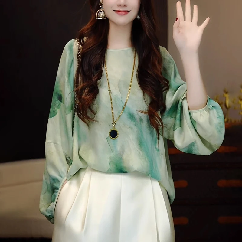 女士印花衬衫2025早秋季新款大码宽松休闲显瘦气质圆领小衫