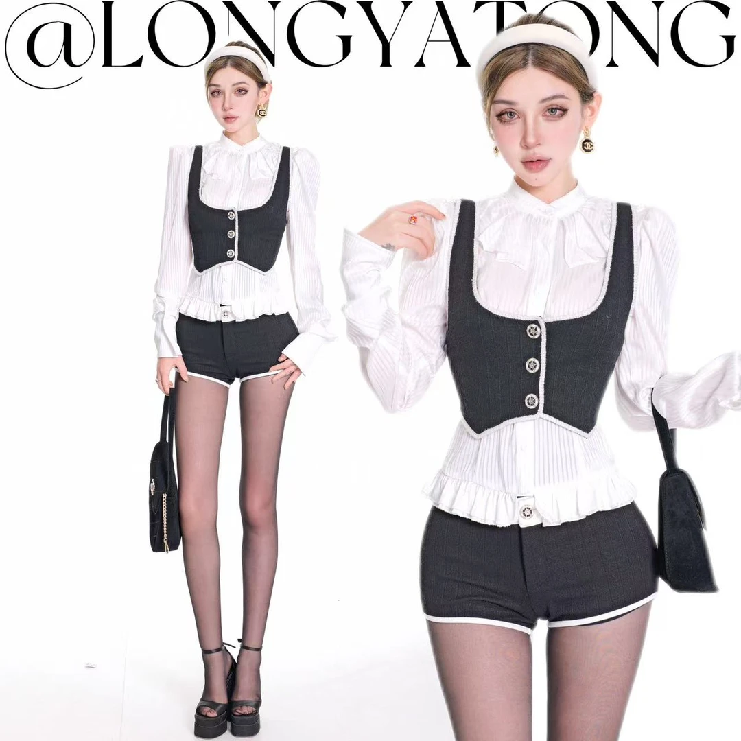 龙牙童推荐【摩登马术】显瘦秋季御姐风套装时尚性感气质背带黑白