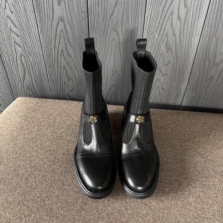 4cm粗跟厚底短筒短靴袜靴秋冬休闲瘦瘦靴弹力靴粗跟女靴秋季百搭