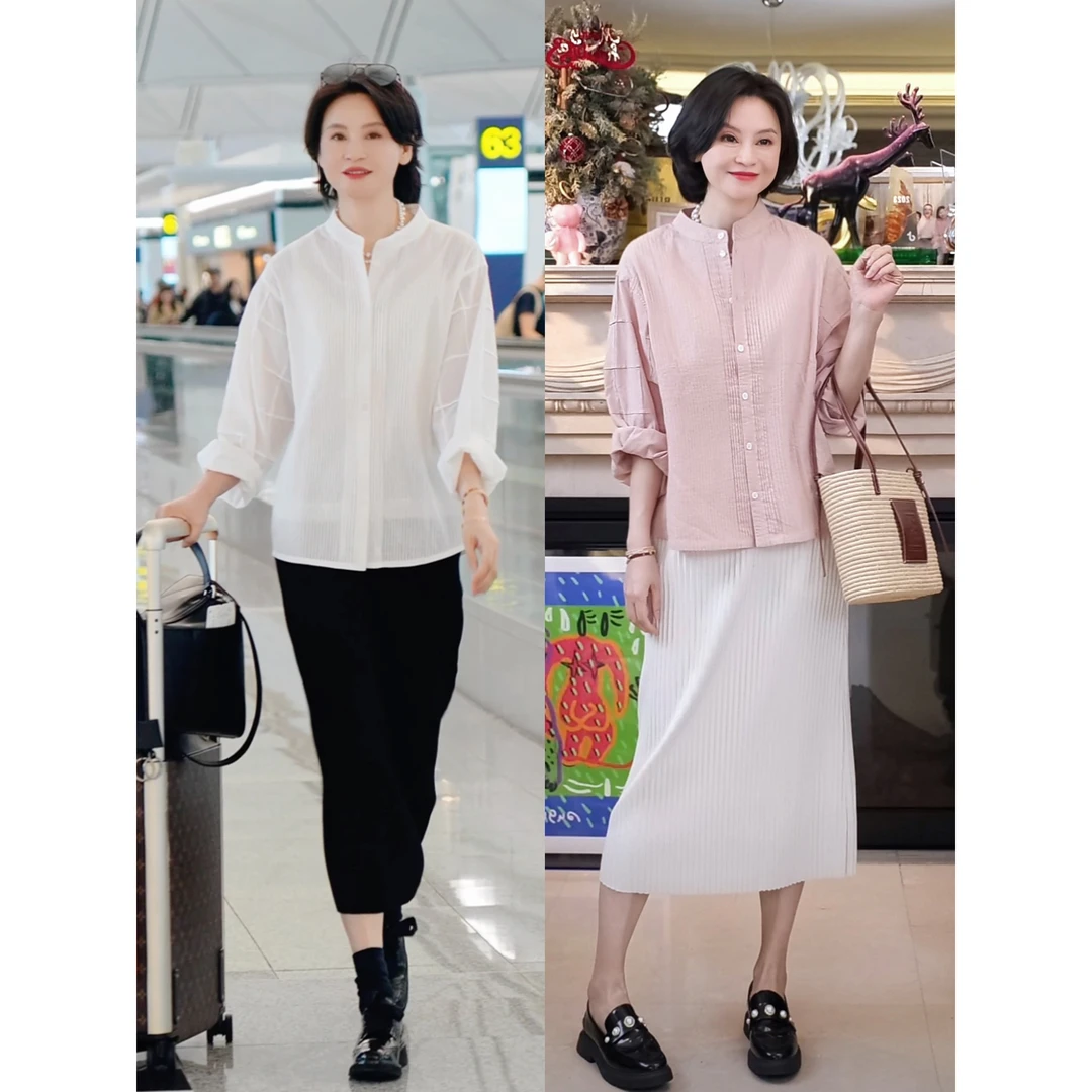 RuienCo.半山贵妇60支匹马棉打条圆领长袖通勤百搭衬衫上衣