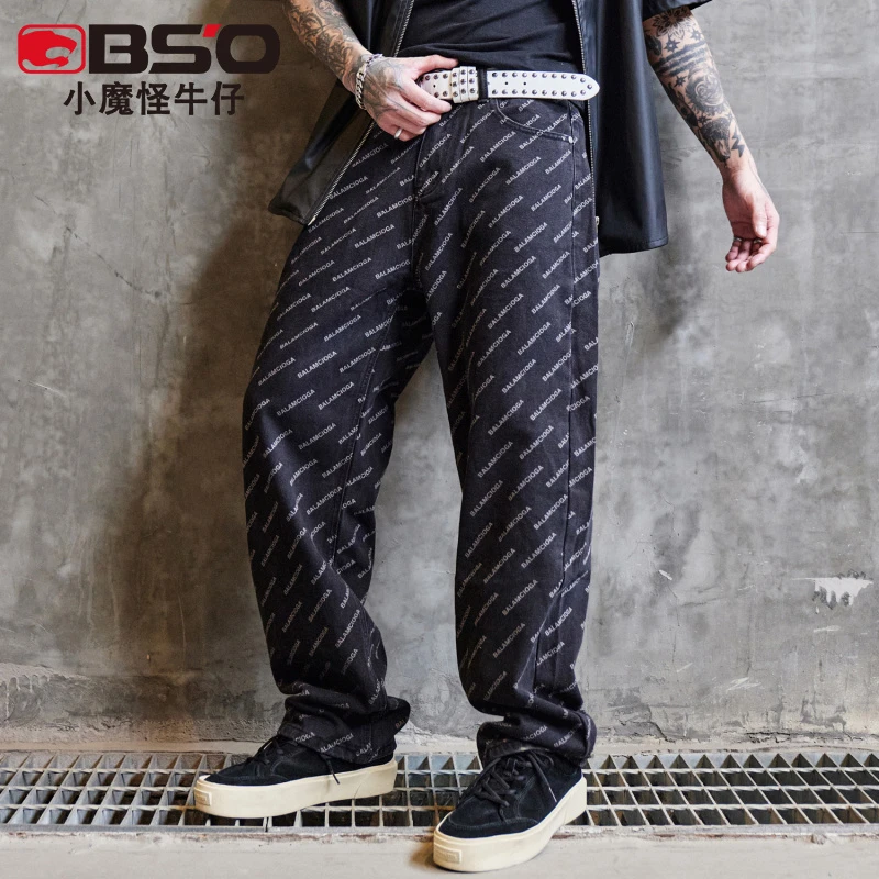 小魔怪2025春季新款美式高街牛仔裤男潮牌宽松直筒黑色印花长裤子