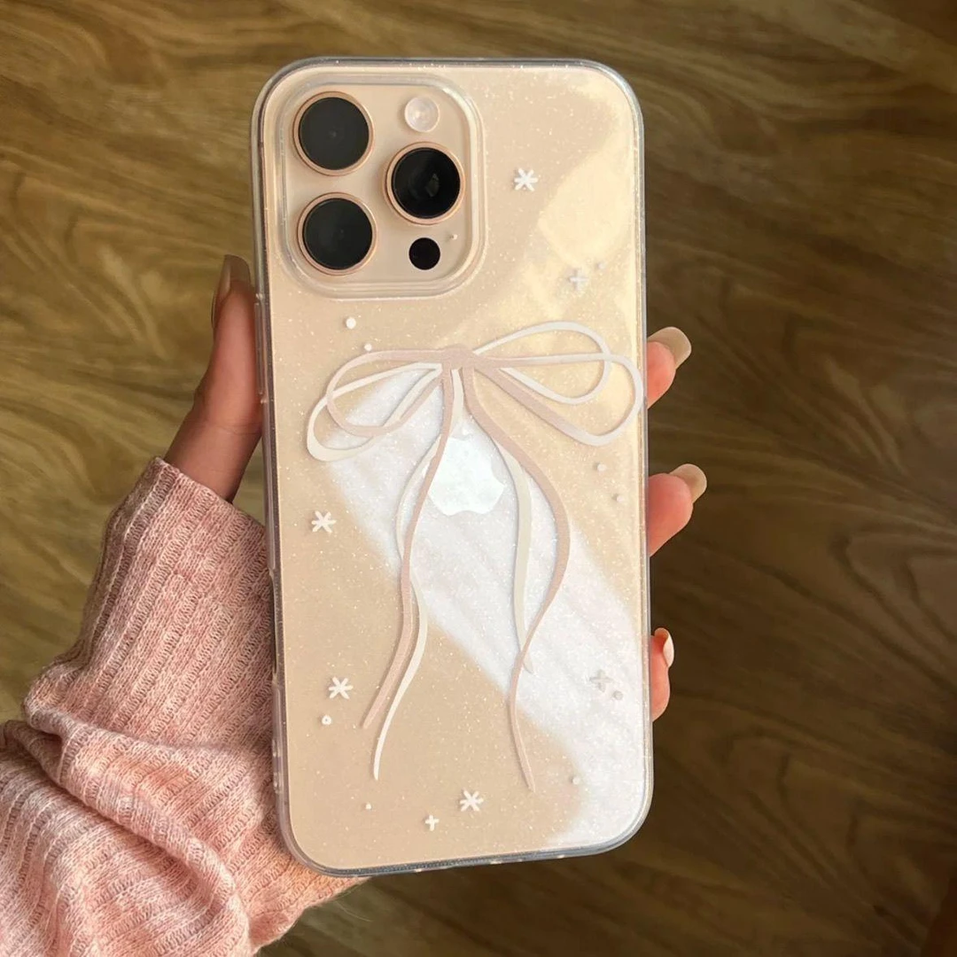 奥菲顿粉丝带蝴蝶结适用iPhone16/15pro透明闪粉苹果14手机壳12套