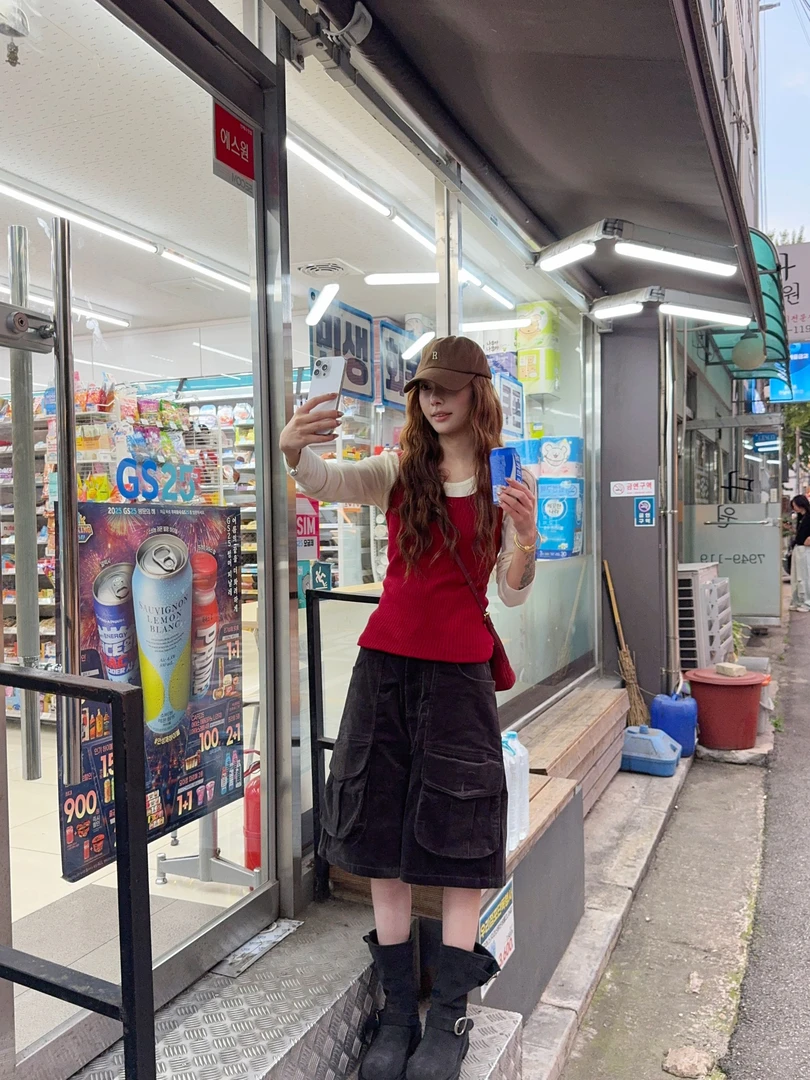 TomaTo-复古口袋工装中裤女秋季新款宽松显瘦直筒七分短裤C25K966