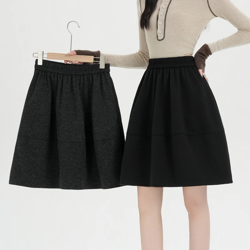 口袋灰色毛呢半身裙中裙女秋冬新款松紧腰大码显瘦百搭A字半身裙