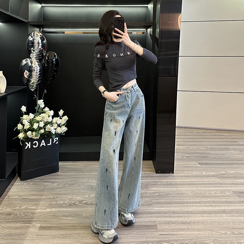 2025春秋新款显瘦百搭长袖字母t恤女美式小众复古牛仔裤两件套