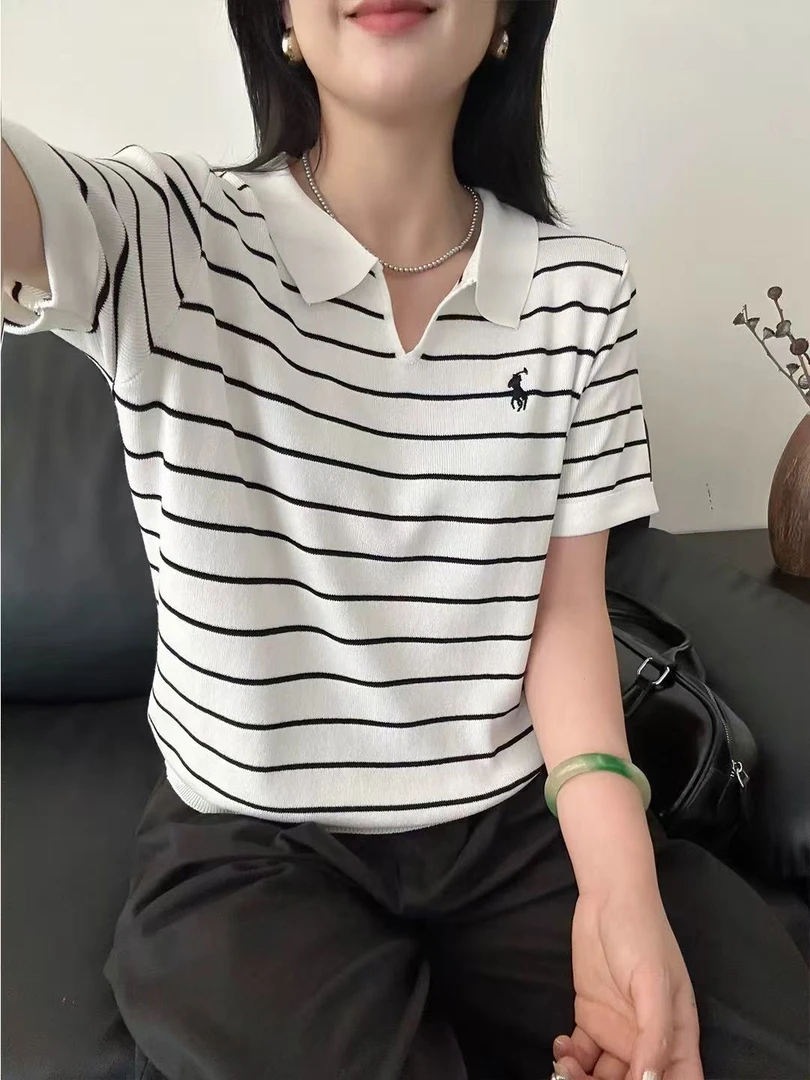 高品质简约撞色小V领短袖针织衫女夏季新薄款时尚显瘦上衣