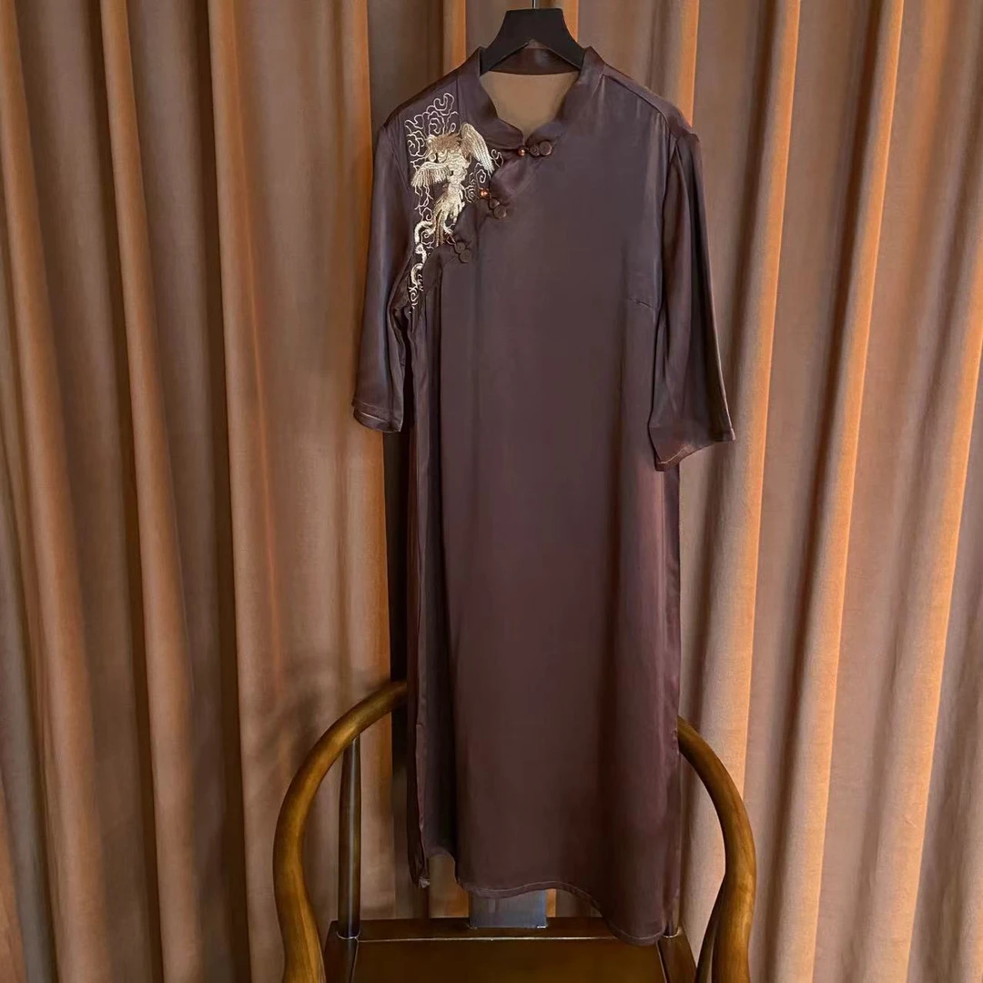 【听风】刺绣时尚中长款H型裙国风低领圆领连衣裙拼接夏季新中式