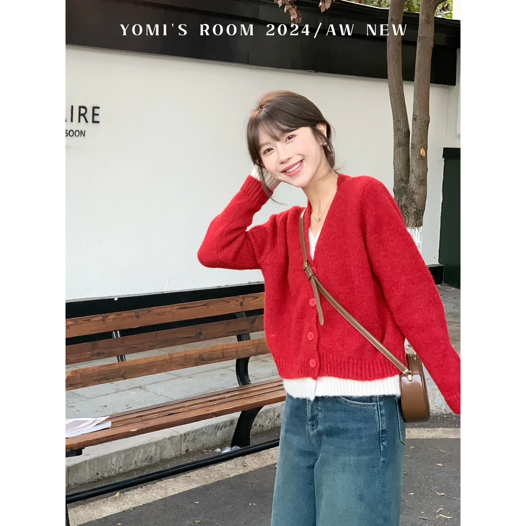 YOMI小个子定制【心动电报】假两件跨年新年氛围感加厚毛衣冬季新款