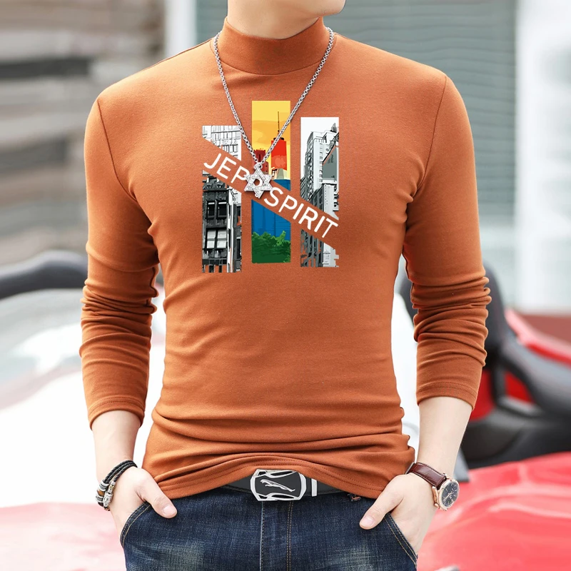 重磅舒适半高领长袖T恤男生春秋季时尚小领口打底衫修身休闲上衣