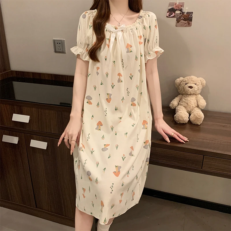 睡裙女夏季薄款甜美短袖宽松长款可爱云朵棉女士睡衣夏天家居服装