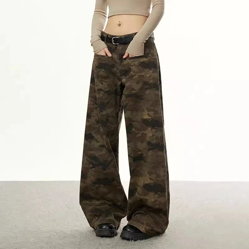 番茄妹妹Tomatosister美式高街迷彩阔腿女复古宽松显瘦直筒休闲裤