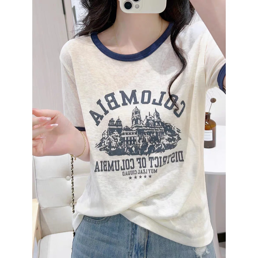 复古卡通印花拼色短袖T恤女夏季圆领宽松薄款雪花棉时尚百搭上衣