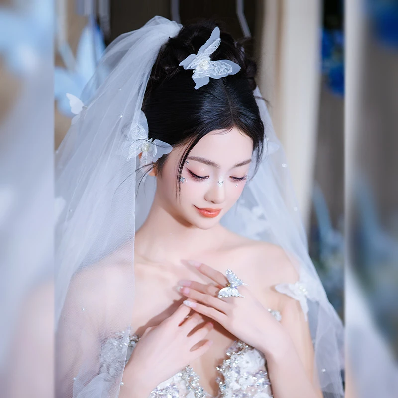 合金布艺婚庆饰品 新娘蝴蝶双层头纱氛围造型白色走秀发饰MC2734