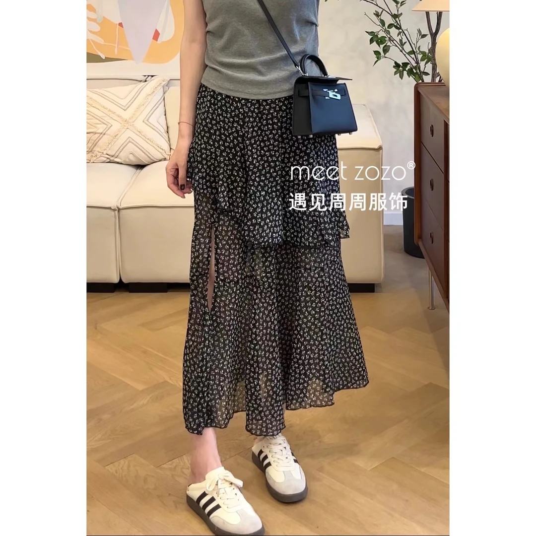 【周周】《松露碎花裙》夏季碎花侧开衩雪纺半身裙Q47012