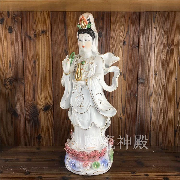 陶瓷神像南海观世音菩萨站莲花观音娘娘佛像家居摆件