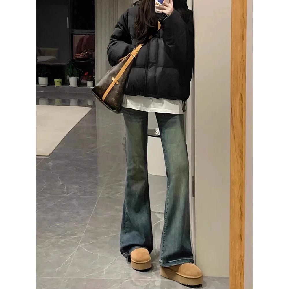 复古微喇牛仔裤女秋季新款高腰弹力修身显瘦胖妹妹mm直筒喇叭裤子
