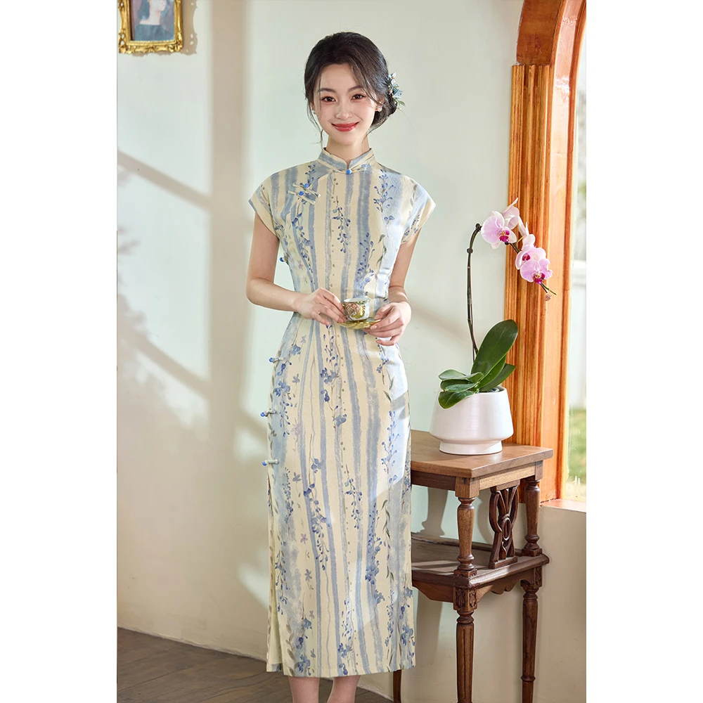 蓝色旗袍新中式轻奢高级感年轻款小个子高端微胖女生中国风连衣裙