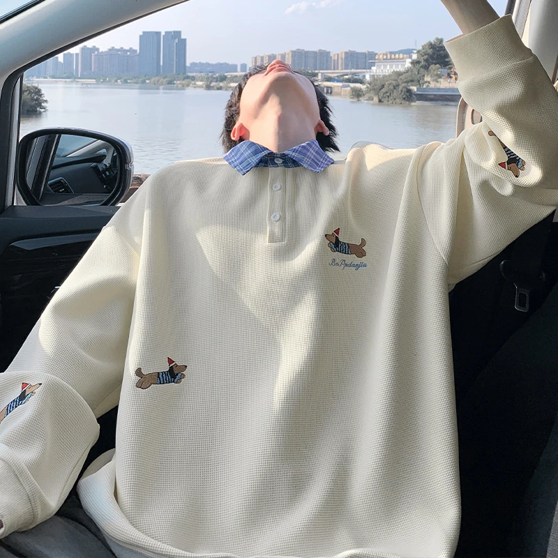 腊肠狗刺绣假两件卫衣男款秋季潮牌休闲上衣青少年痞帅Polo领外套