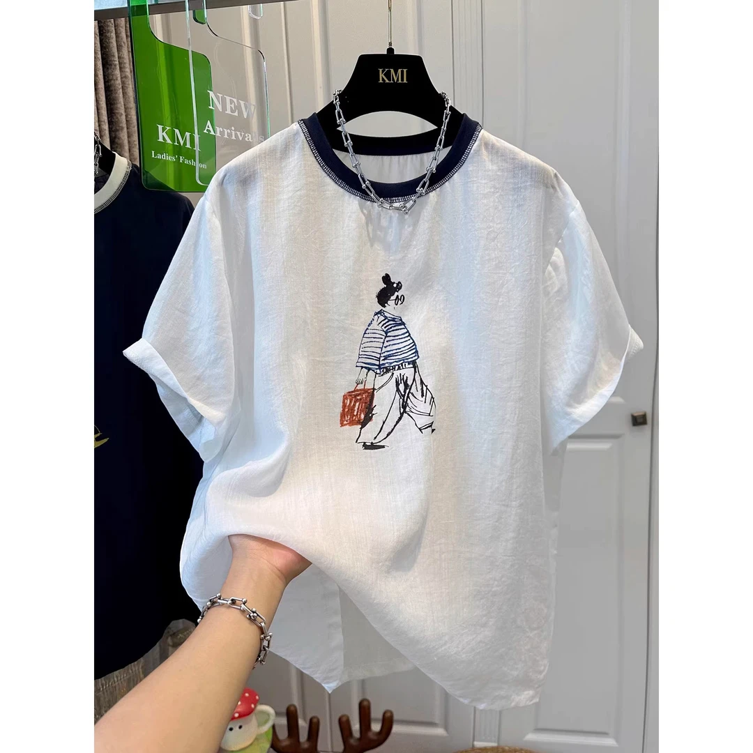 胖妹妹240斤大码圆领卡通印花撞色短袖T恤女上衣轻薄宽松休闲夏季