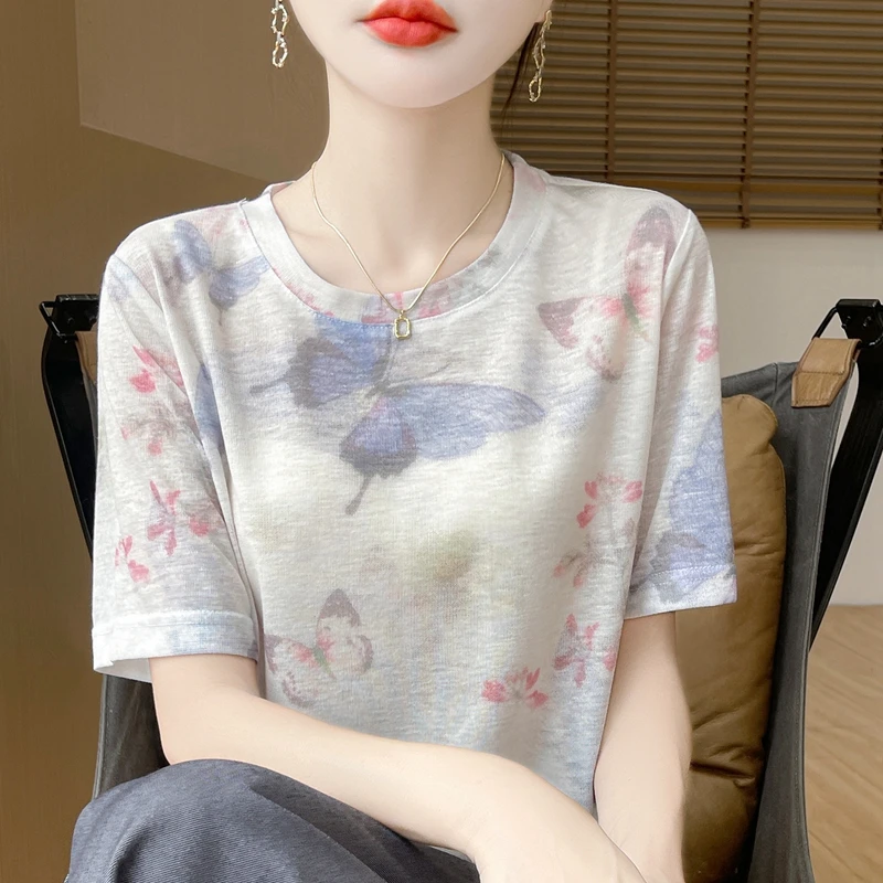 【现货宠粉】新款女夏季法式垂感圆领T恤打底衫印花宽松短袖显瘦薄