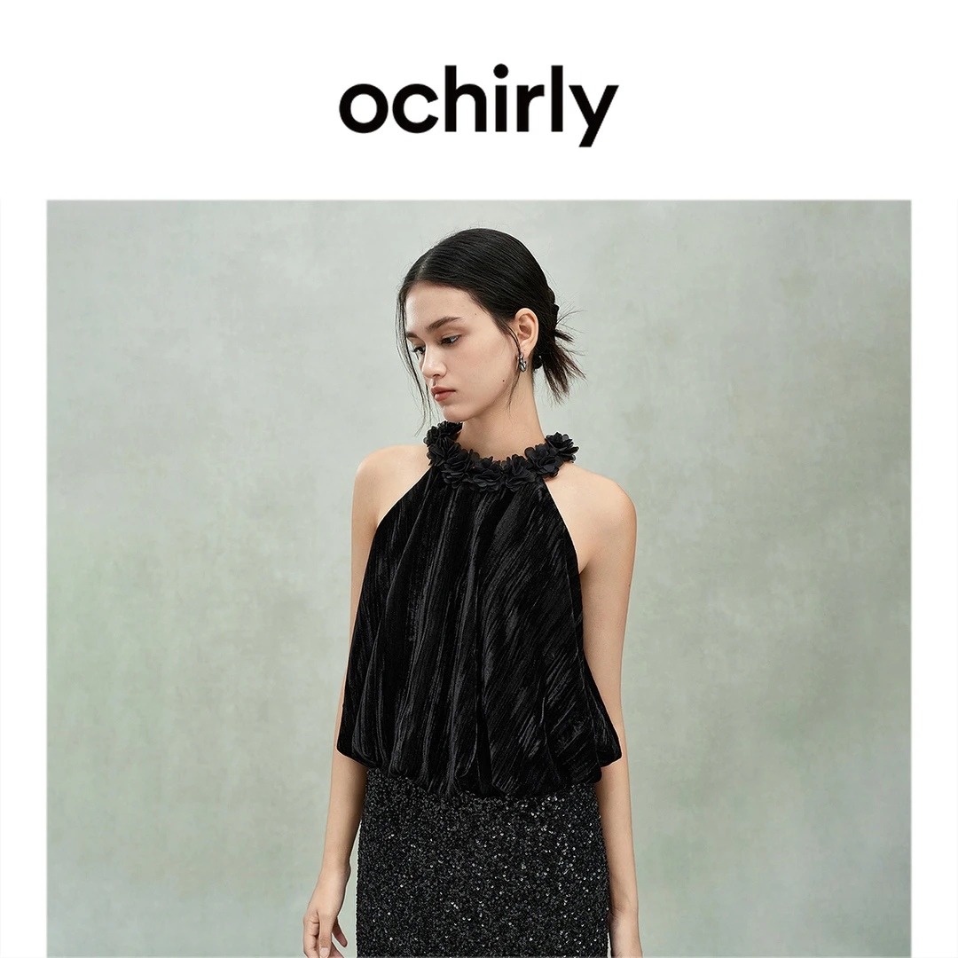 OCHIRLY欧时力 进口丝绒挂脖背心女花边露肩短款上衣2025春季新品