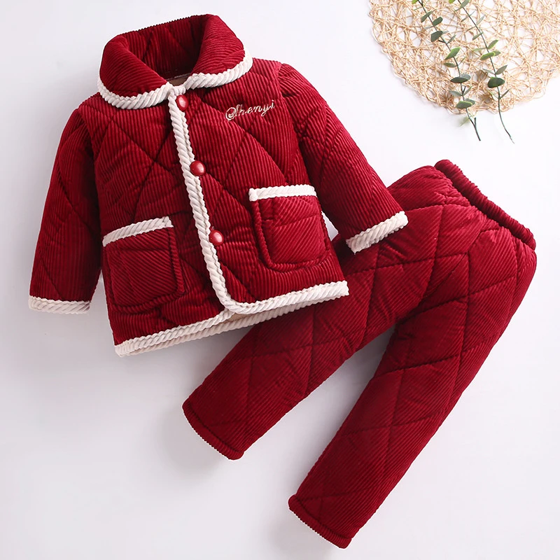 儿童三层夹棉睡衣套装冬季男童女童小孩保暖加厚纯色家居服套装