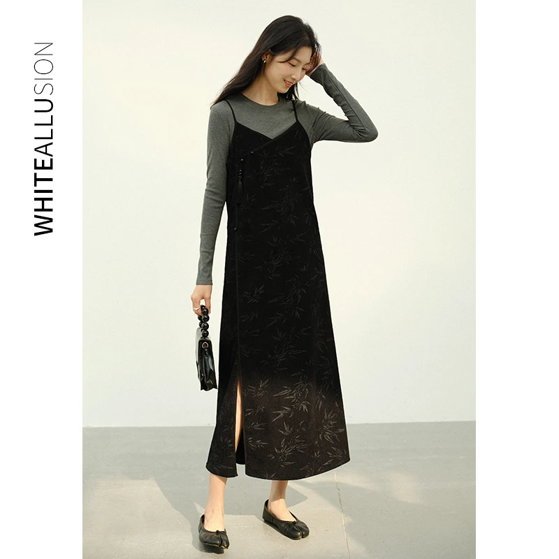 清仓【1569】黑色提花吊带连衣裙高腰开叉长裙显瘦国风裙