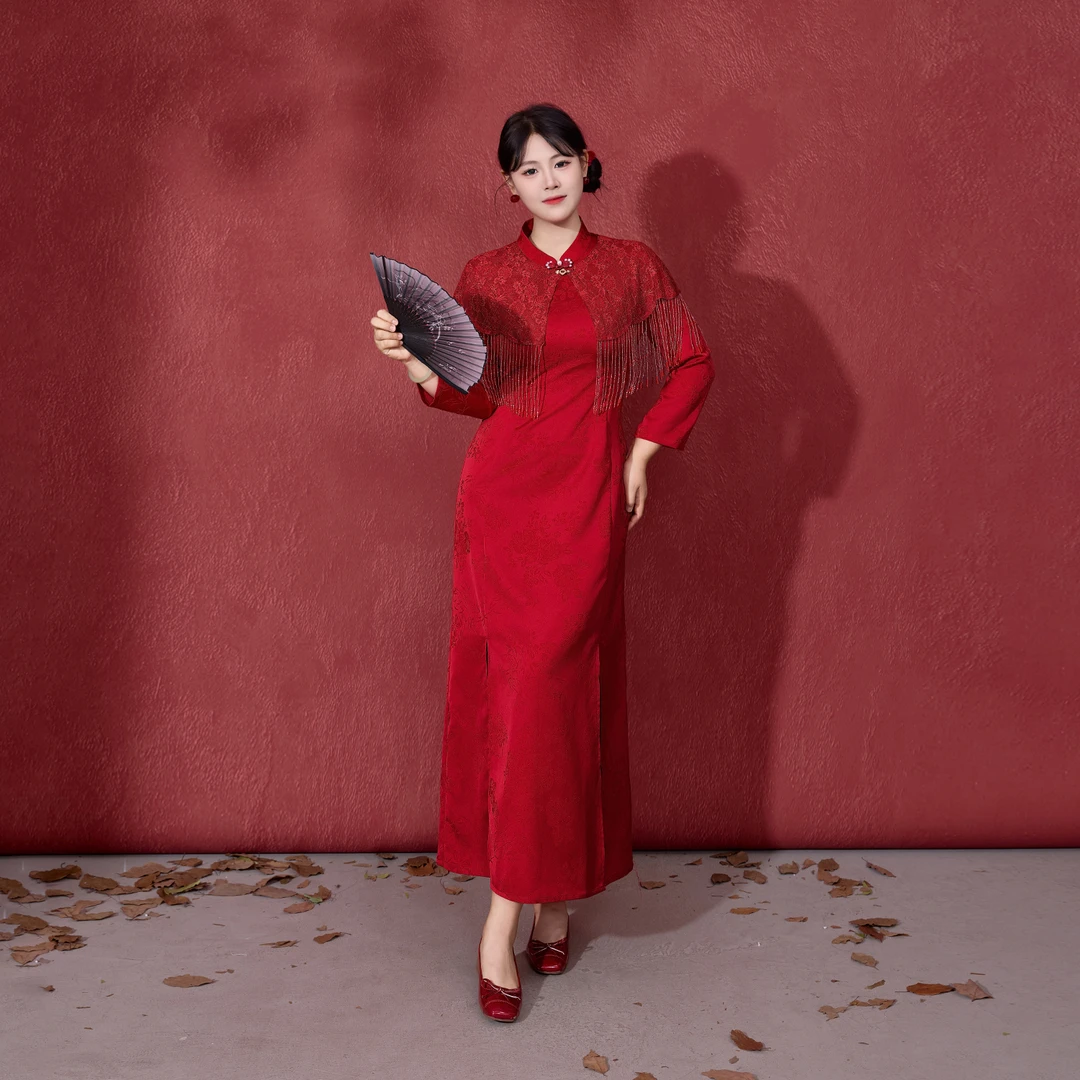 【红绡流苏】秋大码女胖mm订婚结婚回门敬酒服旗袍连衣裙DM32739