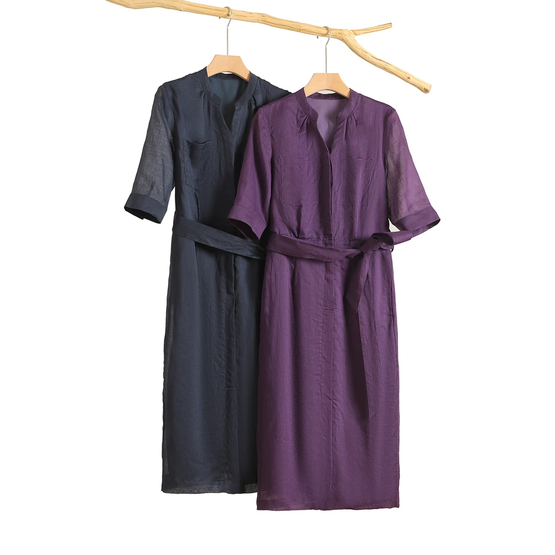 夏季新款高定严选气质显瘦立领静奢苎麻中袖薄款系带连衣裙